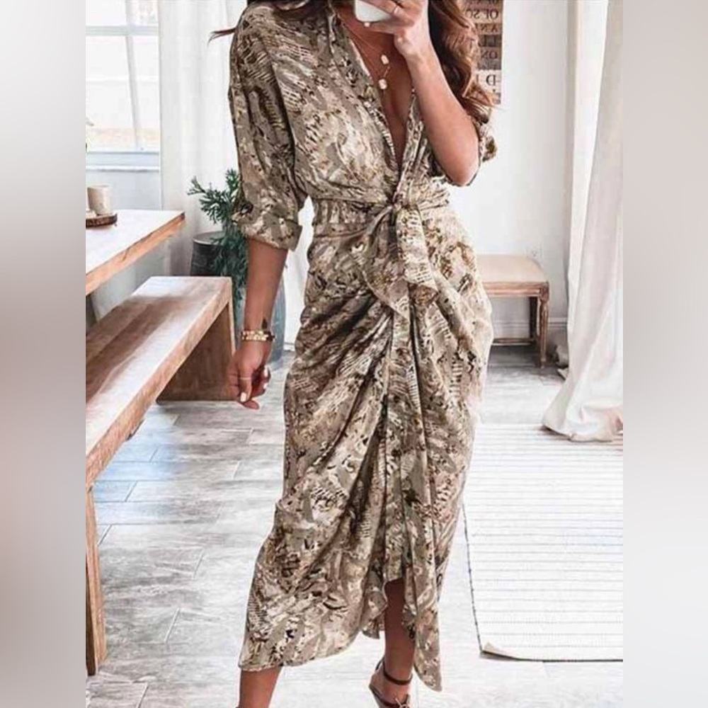 Elegant Satin Print Knot Dress